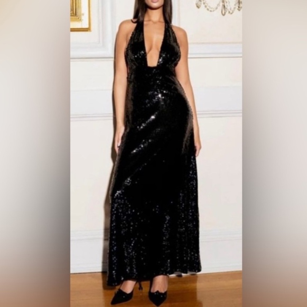 We Wore What sequin halter black dress